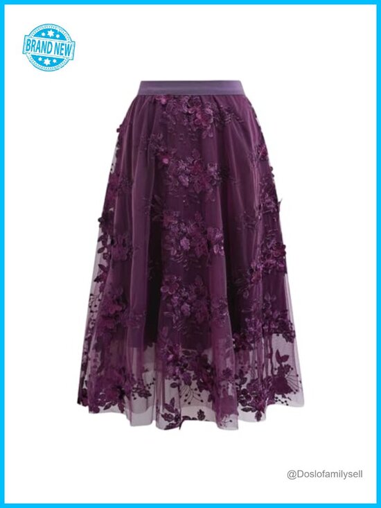 Dresses & Skirts - Women 3D Floral Embroidered Tulle Skirt Flare A Line High Elastic Waist Mesh